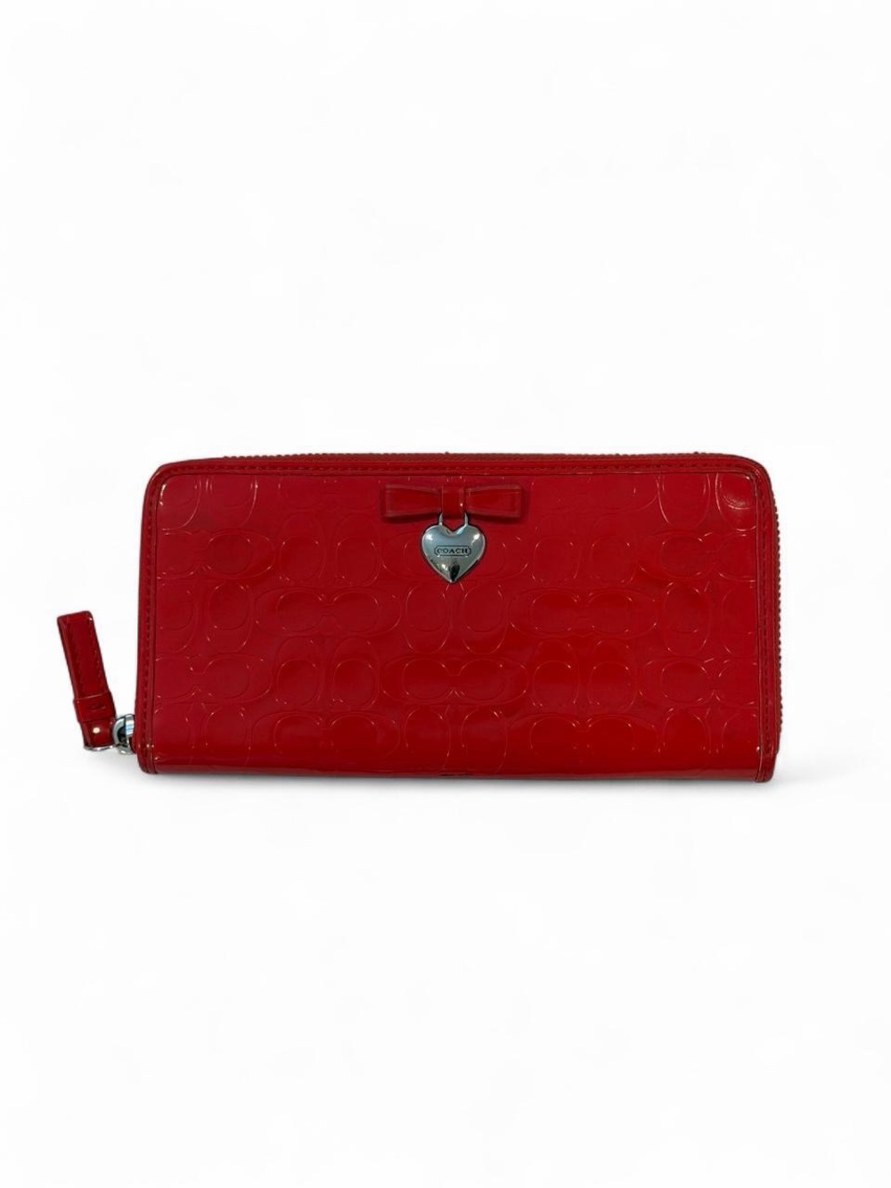 Coach Red Patent Zip-Around Wallet with Heart Charm and Bow